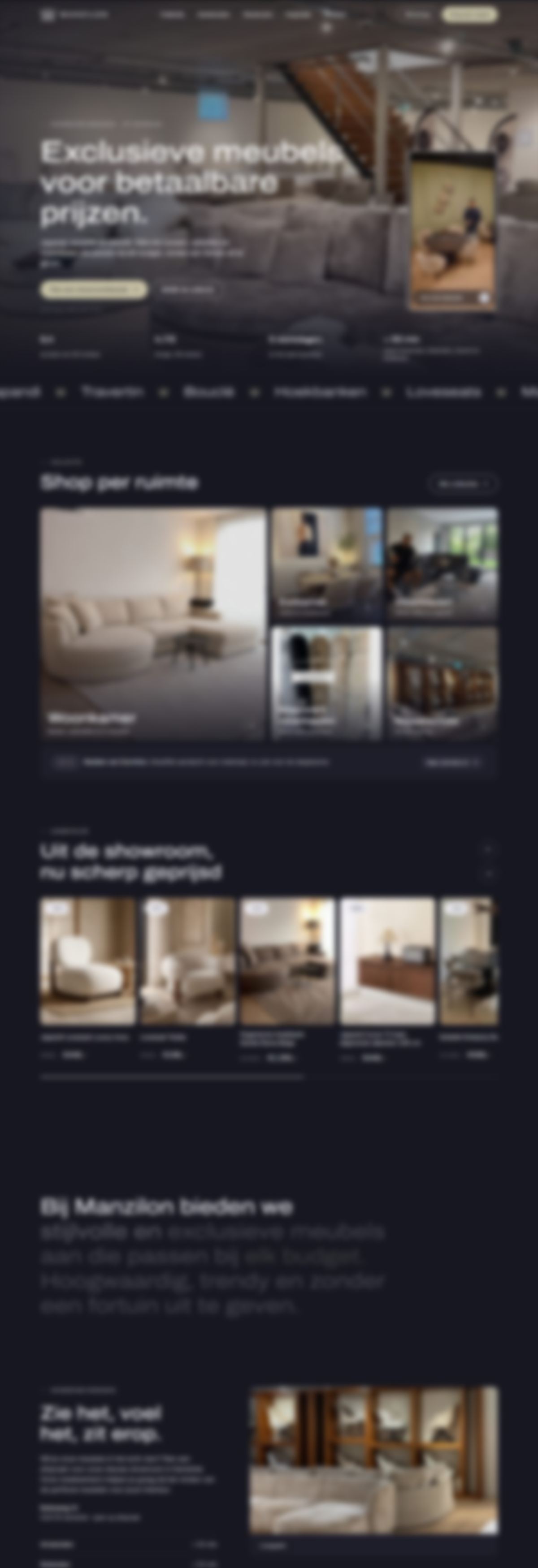 Wazige schermafbeelding van een conceptwebsite voor een meubelshowroom